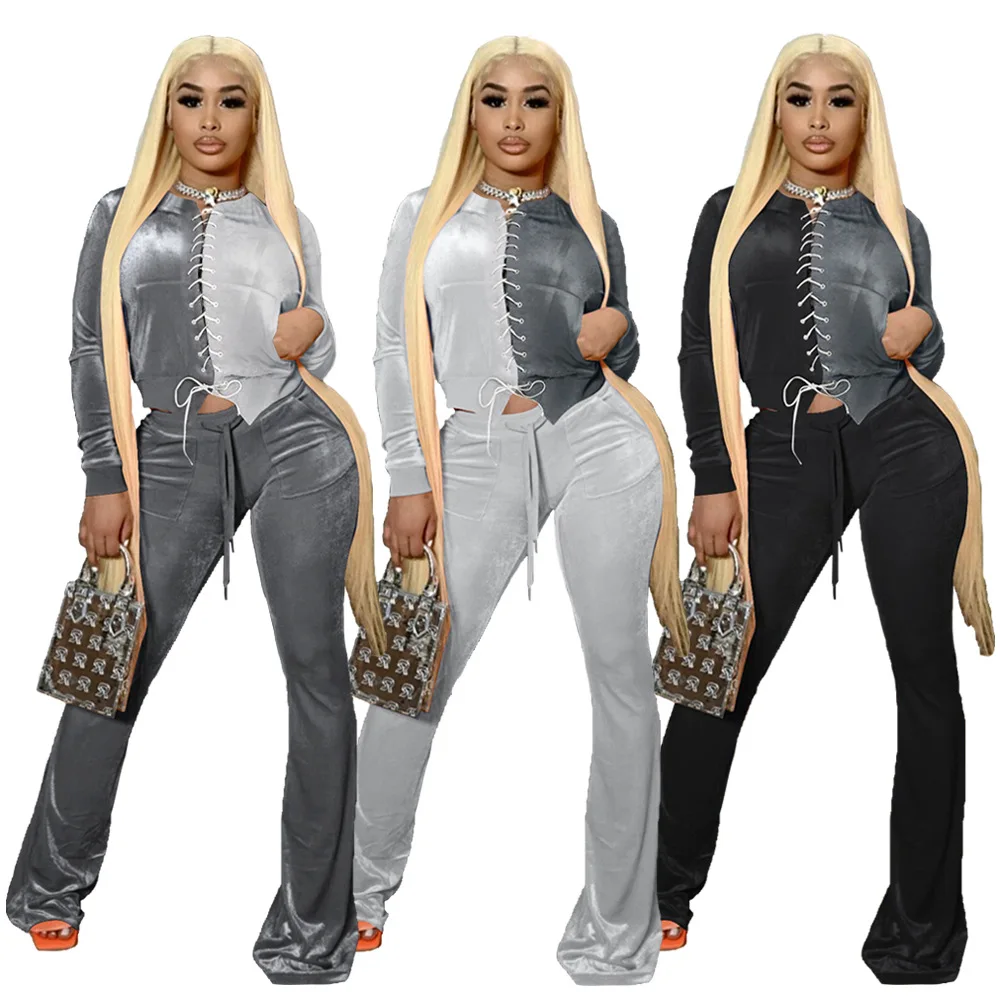 

EB-20090307 Fall Winter Women Two Piece Set Velour Tracksuit Bandage Tops Flare Pants Women 2 Piece Pants Set