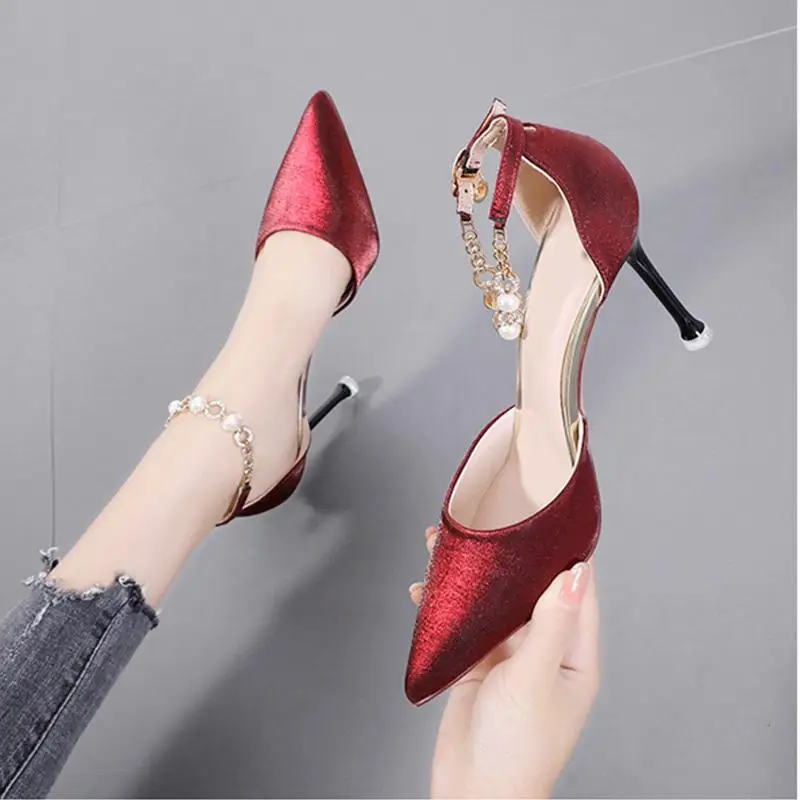 

Deleventh Shoes Woman Elegant Silk Fabrics Sexy Rhinestone Pointy Toe Stiletto High Heels Sandals Summer 2020 Red Black In Stock
