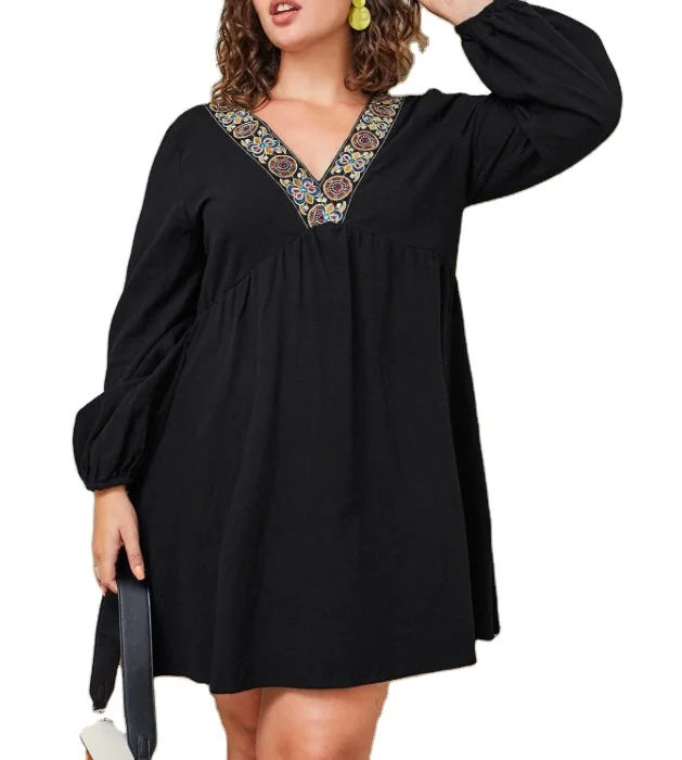 

Factory Direct Tassel Lantern Sleeve V Neck Embroidery Black Smock Dress