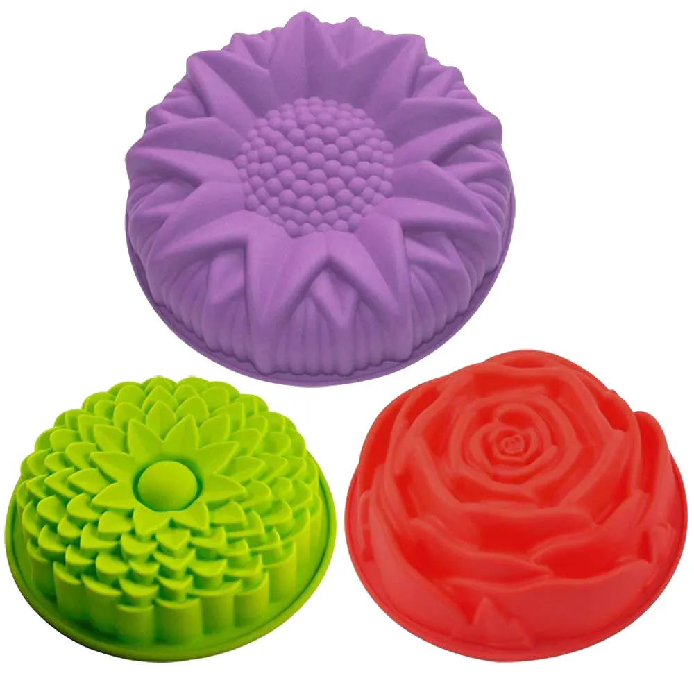 

Amazon hot sale 3d Round baking mould large sunflower chrysanthemum rose flower baking mold flower silicone cake mold