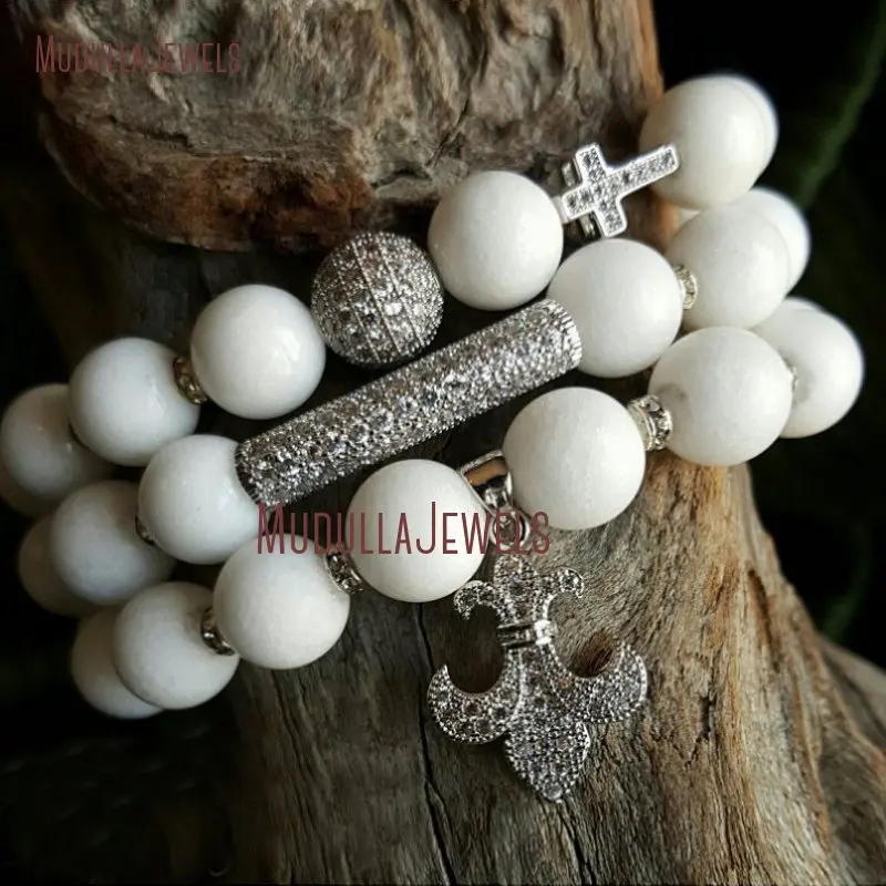 

SE21548 Bracelets Set of 3 White Jade Beads CZ Micro Pave Cross Bracelet, Fleur De Lis Charm Stretch Bracelet Set