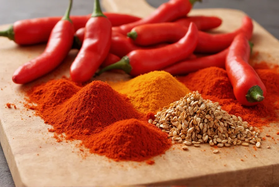 Close-up of various red pepper substitutes including cayenne, paprika, and fresh chili peppers arranged on wooden cutting board