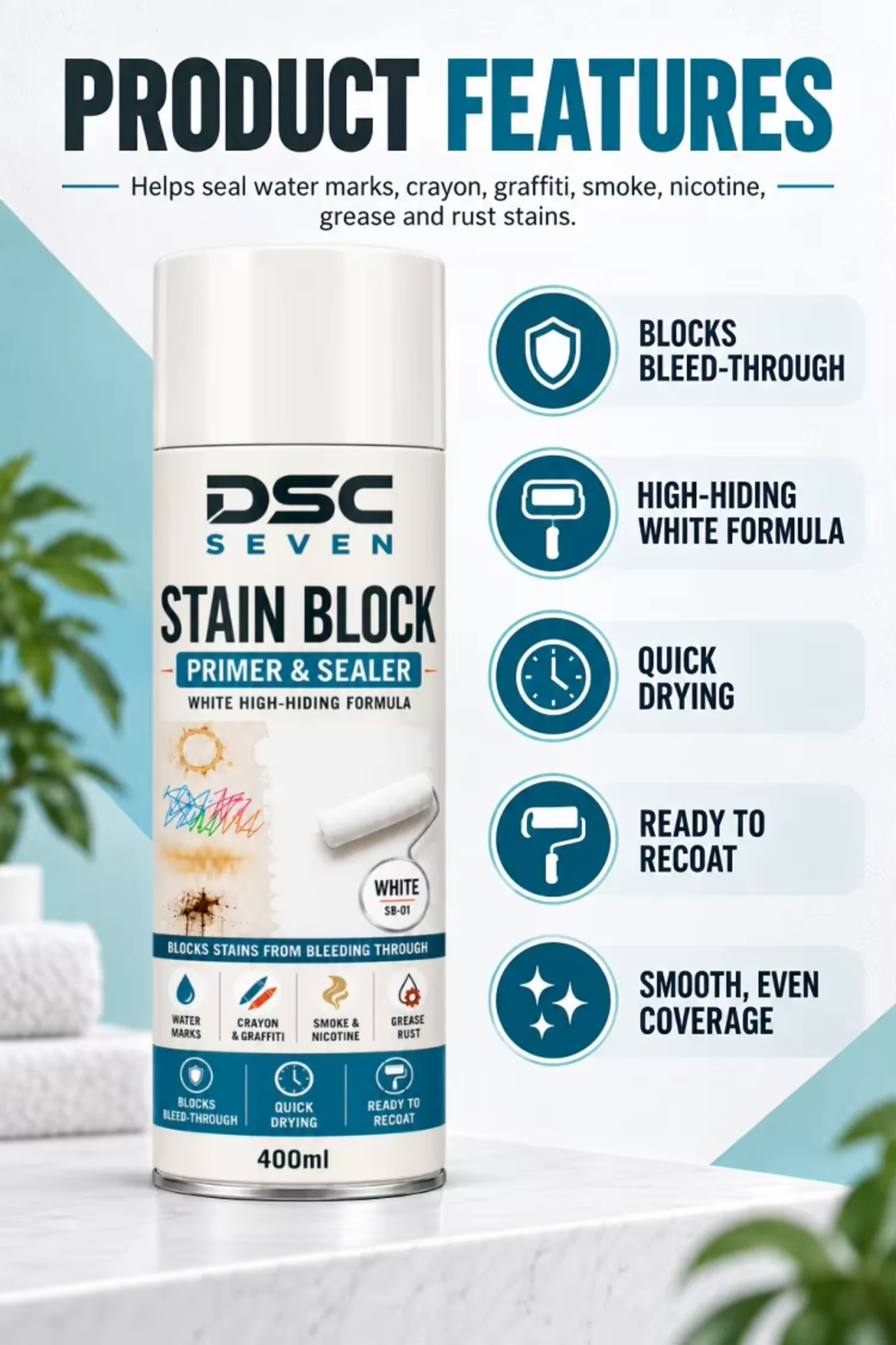 Stain Blocking Acrylic Primer Spray Paint Water-based Matte for for Ceiling Wall Door Repaint