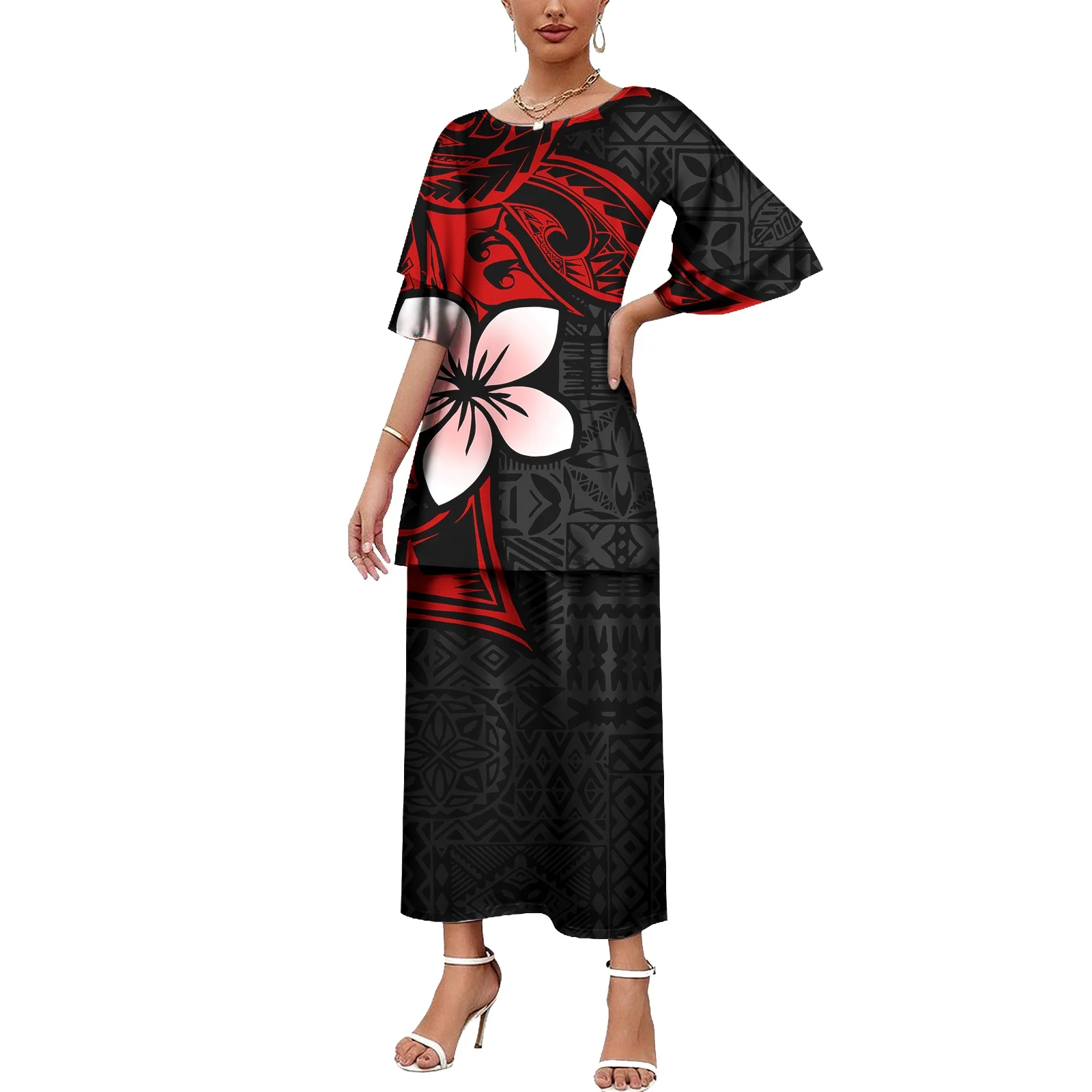 Luxury Hibiscus Flowers Double Layer Sleeve Two Pieces Set Tapa Vintage Tribal Design Custom Plus Size Women Puletasi Dress