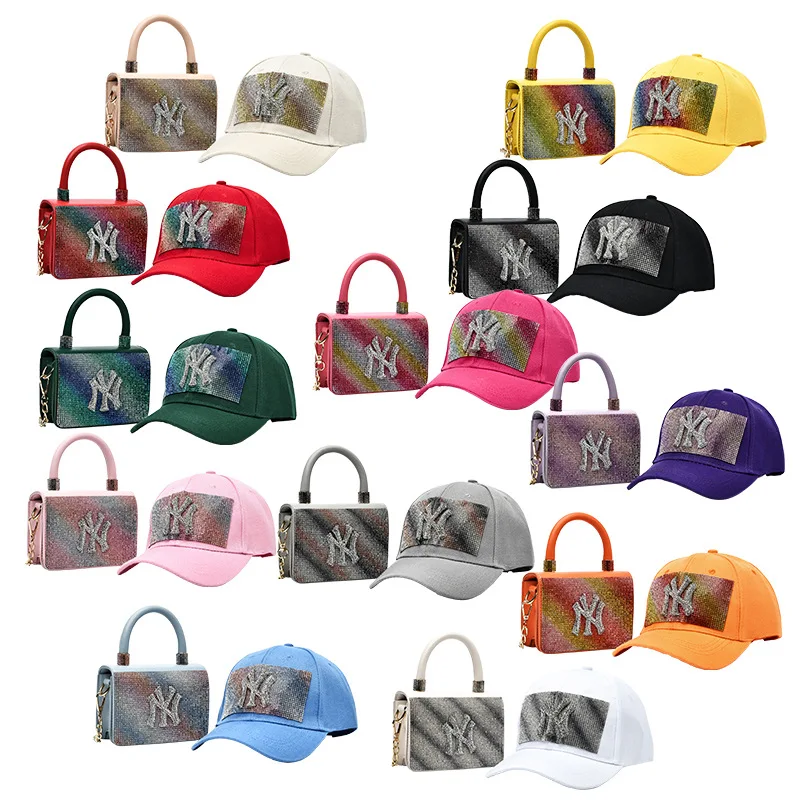 

Beautiful shiny diamond Shoulder bag Chain Strap Purse baseball hat ny hats and bag set