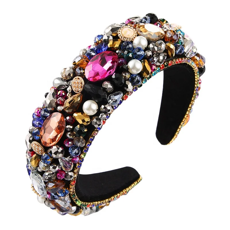 

Gorgeous Baroque Full-color Crystal Headband Women's Luxury Imitation Pearl Wide Brim Sponge Hair Band Women's Queuing Headdress, Picture shows