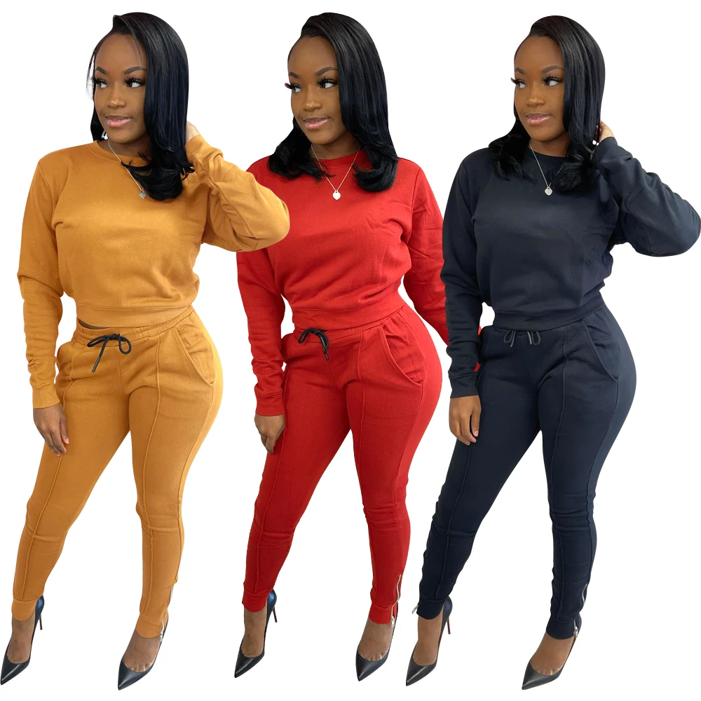 

In Stock Air Layer Fabric Petite Clothing With Pocket Cotton Sweat Suit Winter Foot Zipper Women Two Piece Set For Ladies