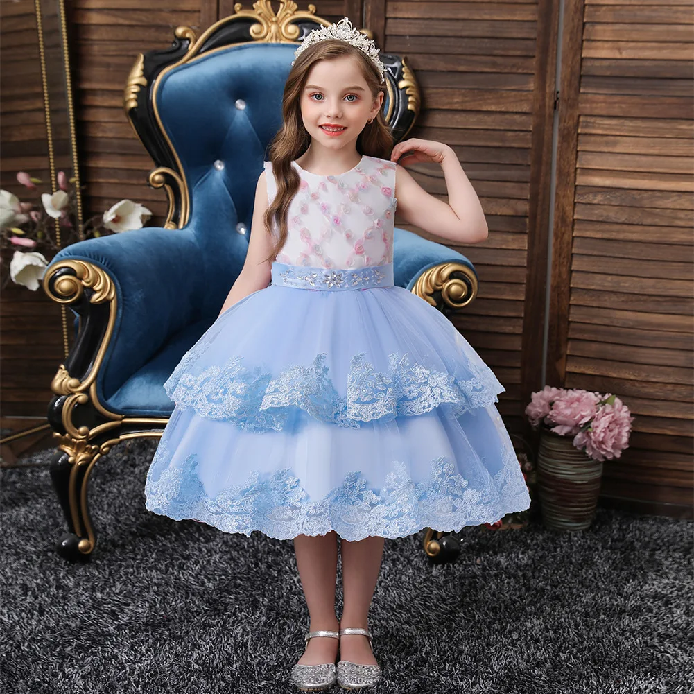 

Summer children's princess evening dress puffy dress skirt girls party tutu children flower wedding dress, Pink, purple, blue