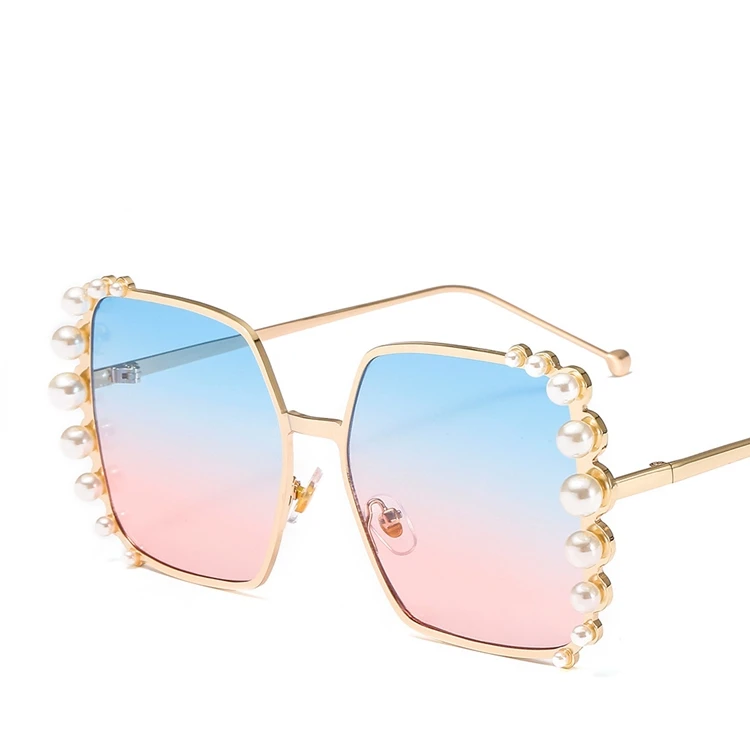 

New Lady Pearl Large Frame Fashion Metal Custom Engraved Logo Sunglasses, 8 colors