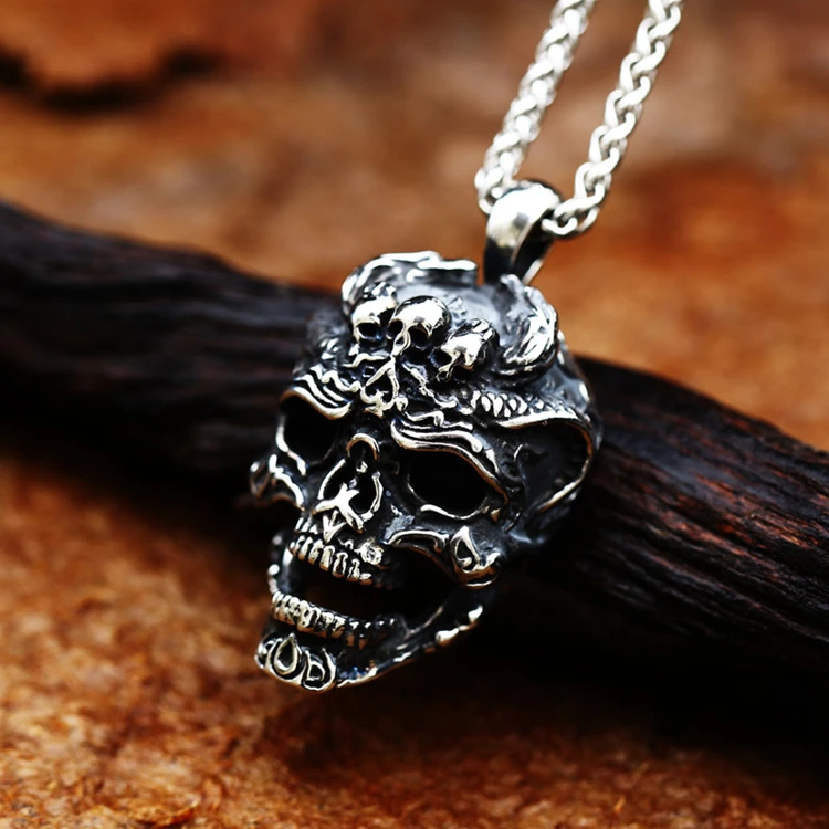 SS8-604P Steel Soldier Stainless Steel Vintage Skull Chains Necklace Jewelry Men Skull Pendant