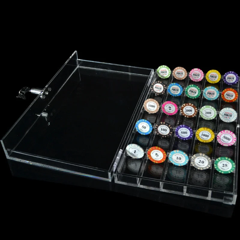 

Texas Poker Accessories High Quality 600PCS Casino Acrylic Transparent Poker Chips Game Tray/Box/Case With Cover/Lock