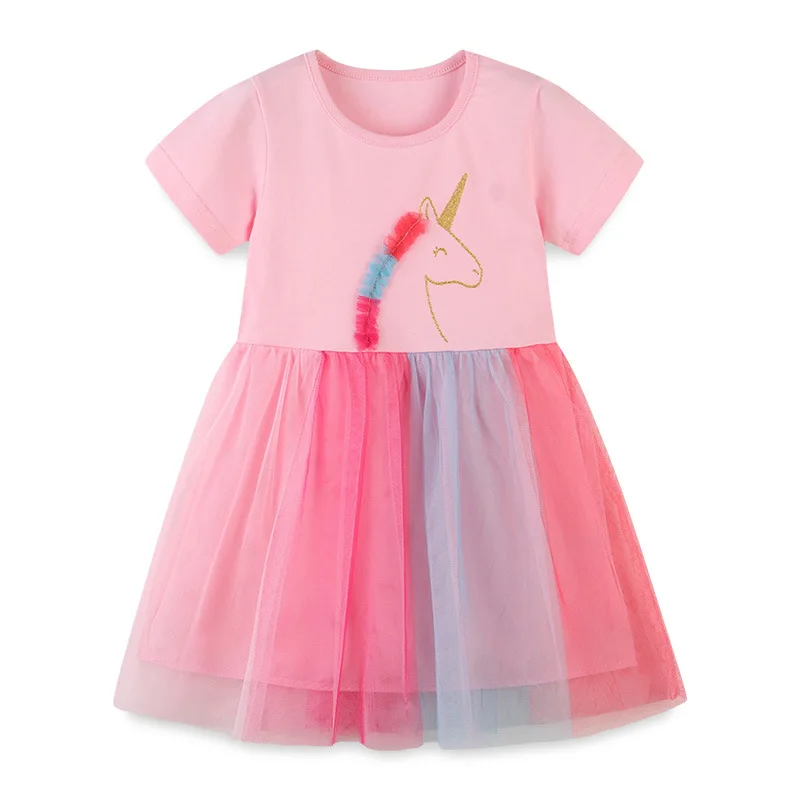 

Summer Pink Casual Cotton Kids Dress Cartoon Cute Round Collar Skirt For Girl, As pic