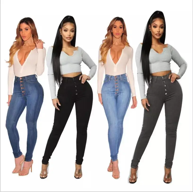 

20% OFF HJ APS04 High Waist Tight Elastic Small Foot Lift Buttock Slim Body Row Button Denim Jeans Women Pants, Picture color