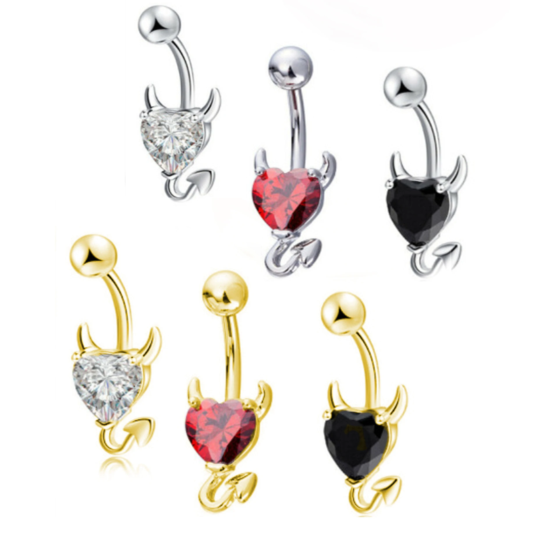 

Gaby 316l Stainless Steel Devil Belly Button Ring Heart Shape Cz Zircon Navel Piercing Body Piercing Jewelry, Red/black /silver