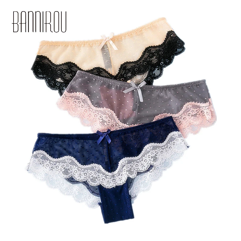 

Briefs Woman Sexy Lace Dot Mesh Female Underwear Panties With Cure Bow M-XL 5 Colors, Black,dark blue,nude,red,grey