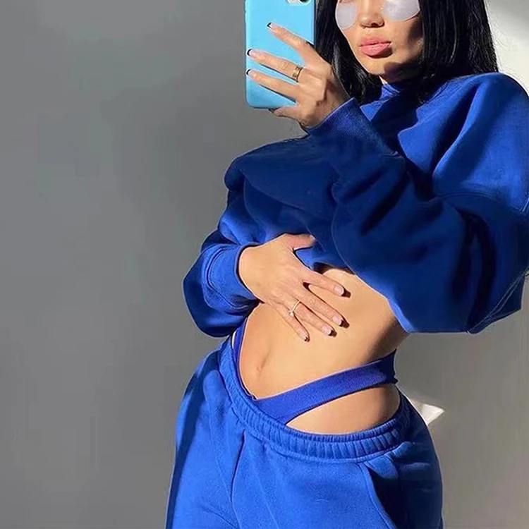 

Custom Sweatpants and Crop Top Hoodie Set For Women Causal Organic Cotton Blue 2 Piece Tracksuit Women Cotton Two Piece Set