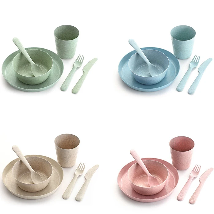 

Eco friendly biodegradable wheat straw fork bowl plate spoon cup tableware set, Green,pink