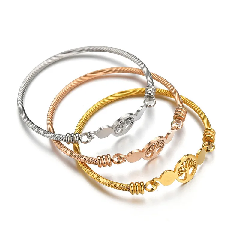 

New Rose Gold Thin Cable Wire Positive Bracelet Bangle Customized Engraved Hollow Tree Of Life Stainless Steel Cuff Bangle, Gold,silver