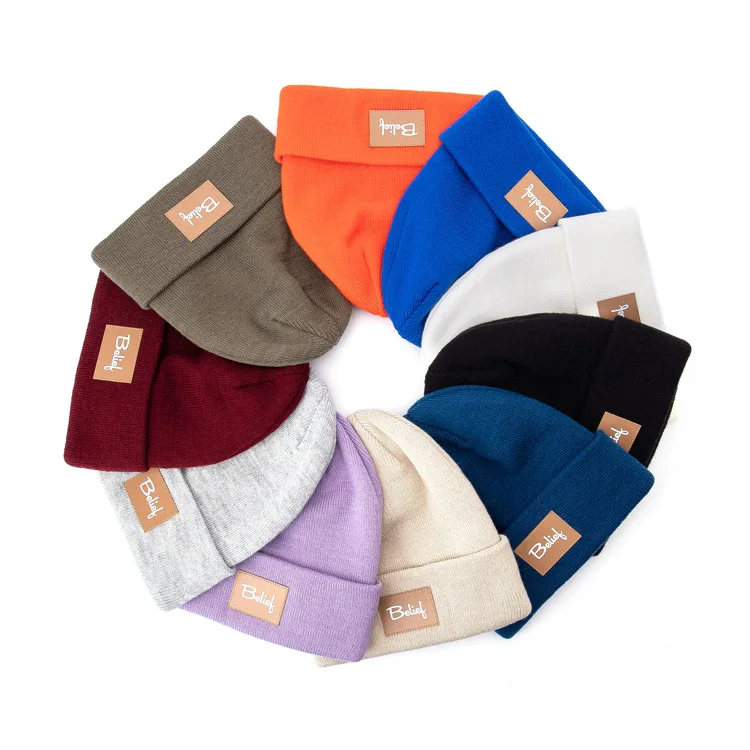 

Leather Label Jersey Acrylic Embroidery Knit Knitted Beanie Hat with Custom Logo