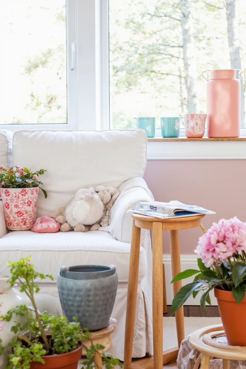 Final showcase of a family-friendly space decorated with various cute painted pots