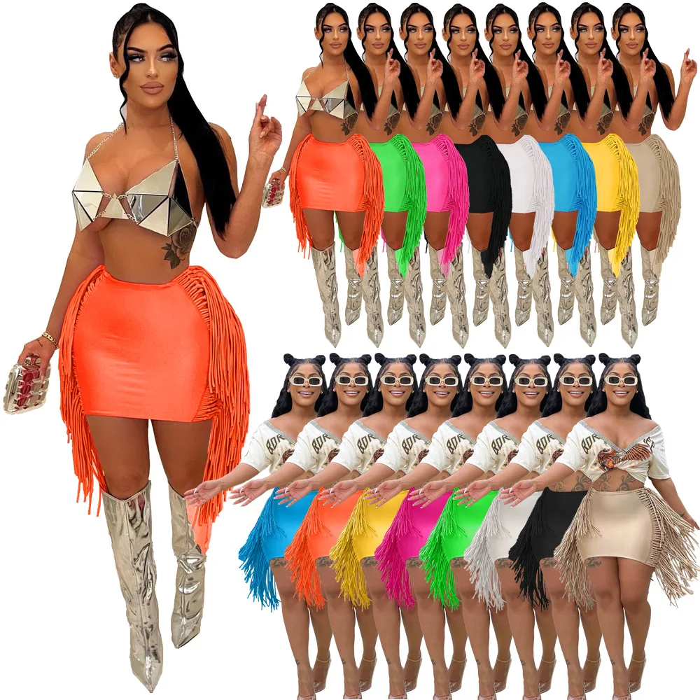 

New Design Solid Color Tassel Summer Skirts Fashion Sexy Hollow Out Polyester Bodycon Streetwear Womens Skirts
