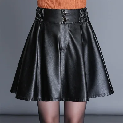 

10% OFF Leather short skirt female half-length skirt thin pleated elastic high waist large size A-line umbrella skirt