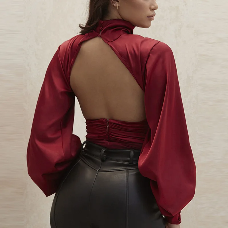 

Winter Elegant Fashion Back Open Satin Long Puff Sleeve Sexy Black Turtleneck Bodysuit Women