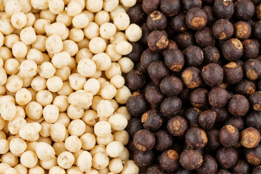 Close-up comparison of white pepper grains next to black pepper corns showing the color difference and texture