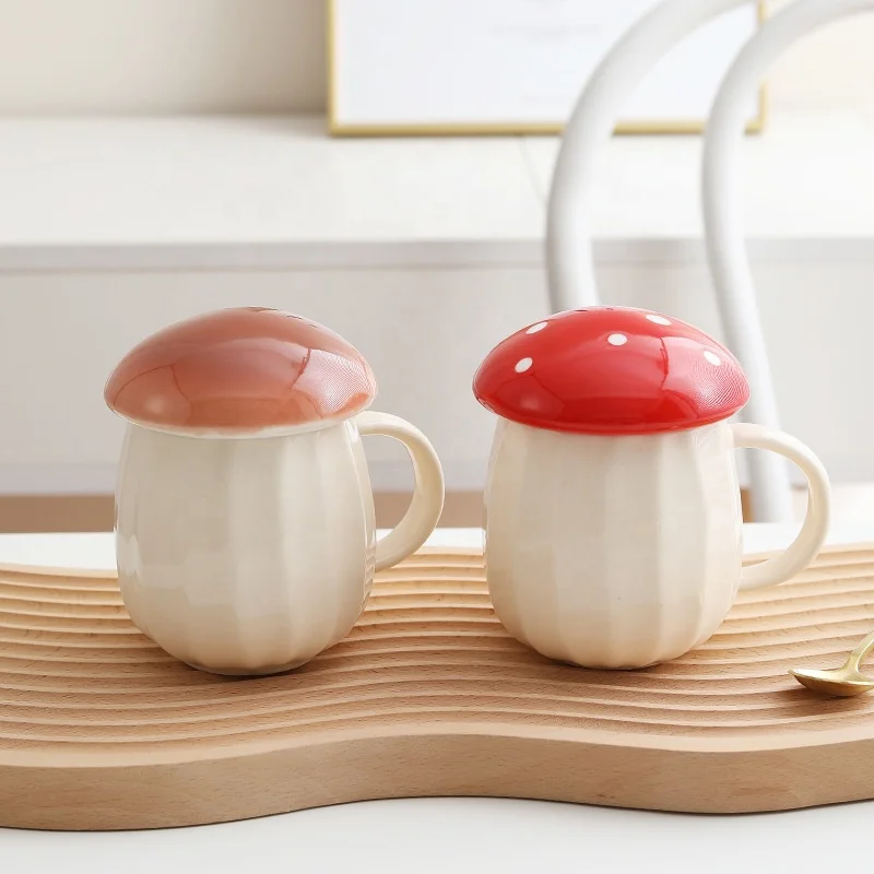 

TikTok Hot Sale Creative Mushroom Mug With Lid Coffee Latte Mug Drinkware Ceramic Cute Mugs With Lid, Red,brown