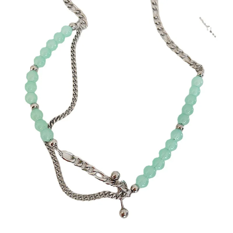 

Hot Sale new Stainless Steel Double Layer Splicing Clavicle Chain Green Natural Stone Necklace For Women, As picture