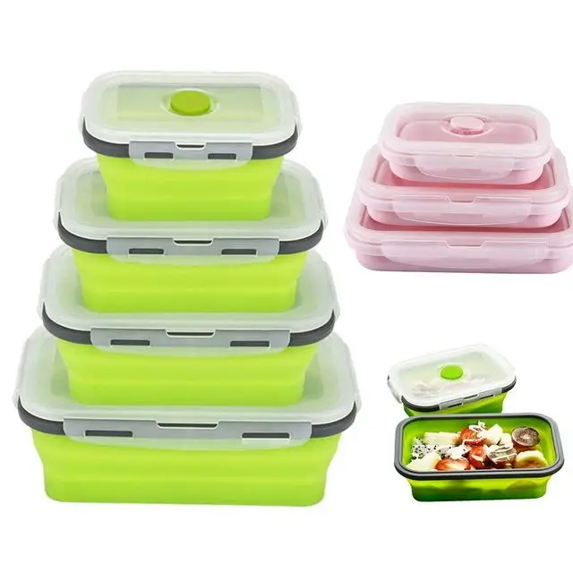 

Silicone School Lunch Box Silicone Food Storage Containers Collapsible Lunch Box Portable Leakproof, Blue, red, green, pink, grey blue