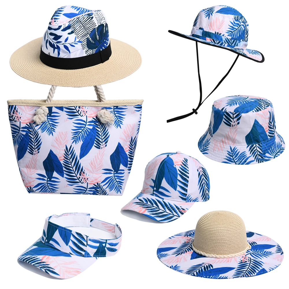 

Personalized Lady's blue leaves Party Accessory bucket visor Sun Protection straw Hat And beach Bag Set