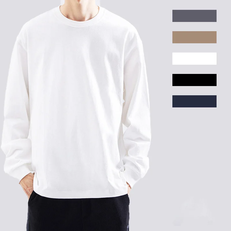 Men's 100% Cotton 270G Autumn Winter Heavy Loose Long Sleeved Pullover T-Shirt for off Shoulder O-Neck Base Shirt Solid Pattern