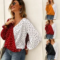 

Women clothing manufacturer small orders 2020 newest fashion long sleeve v neck contrast chiffon polka dot tops blouse for women
