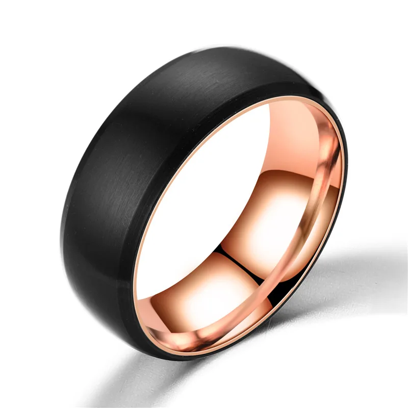 

8mm Mens Titanium Wedding Ring Double Color Black Brushed with Tungsten Gold Rose Gold Inner Band