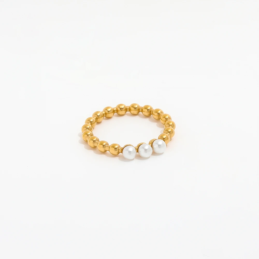 High End 18K Gold Plated Fresh Water Three Pearl Beads Rings Stainless Steel Jewelry Trendy Finger Ring