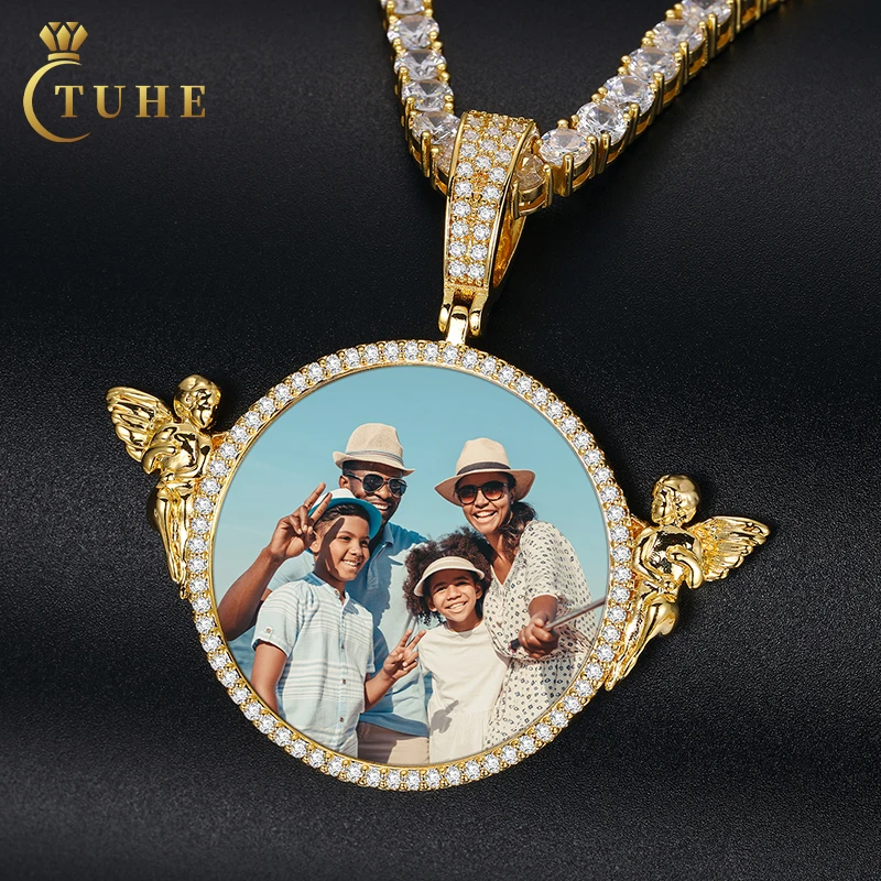 

2022 New Design Guardian Angel Custom Iced Out Memory Necklace Hip Hop Custom Photo Locket Picture Pendant with Free Rope Chain, Silver/gold/rose gold