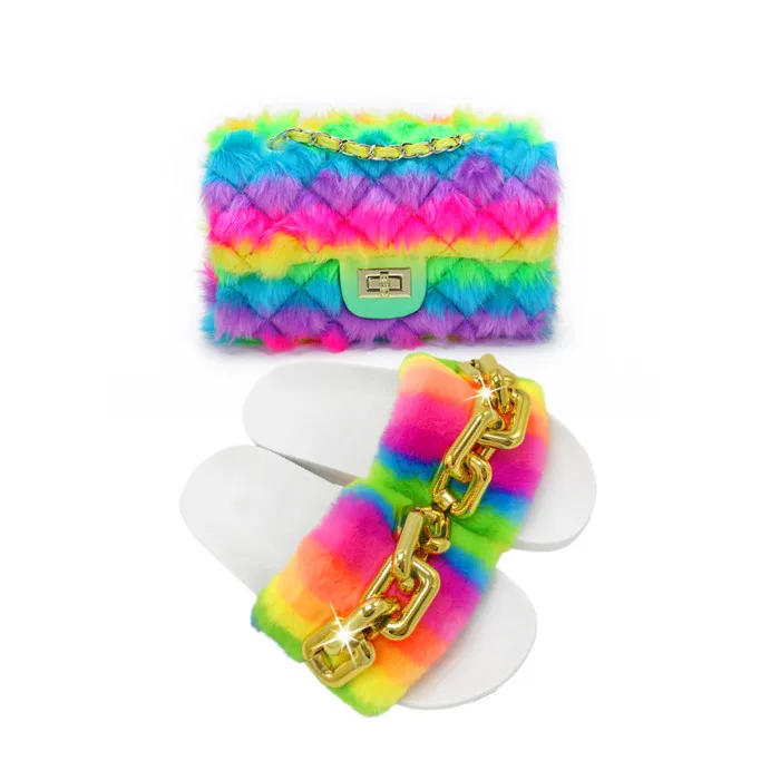 

Rainbow color furry purse and shoe sets women and ladies colorful fur sandals matching bags set