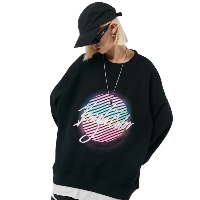 

2021 New Street couple wholesale sweatshirt Oversized retro neon World printing cotton men long sleeve pullover's t-shirt