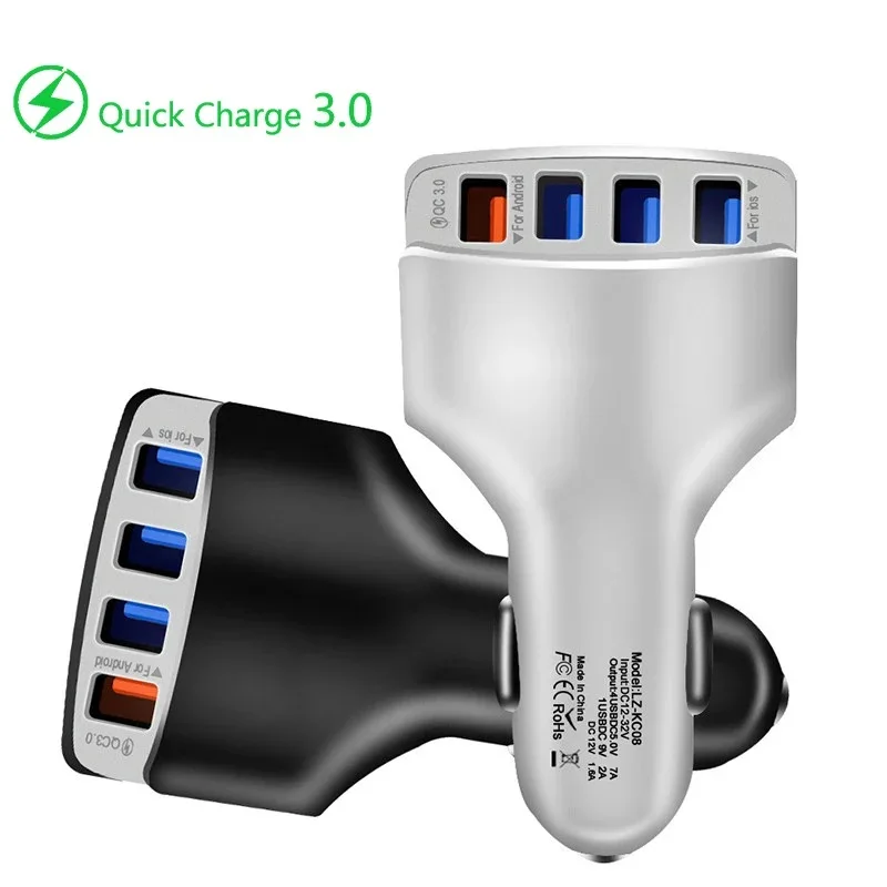 

7A QC3.0 Quick Charger USB Car Charger 4 Port Adaptive Fast Charger Phone Adapter for S8 S7 S6 iPhone 8 7 6 Plus, Black white