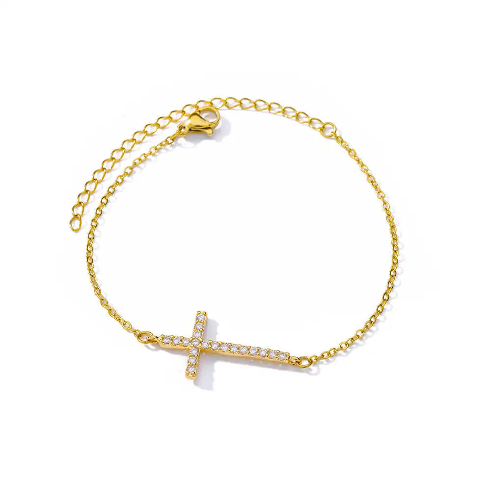 

Dainty Bracelets for Women 18K Gold Plated Sideways Cross CZ Adjustable Chain Bracelet Minimalist Jewelry for Gifts