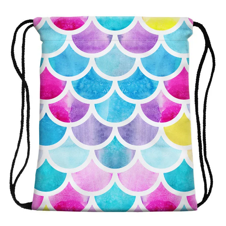 

Red yellow and blue fish scale print pocket drawstring backpack expandable, Picture shows