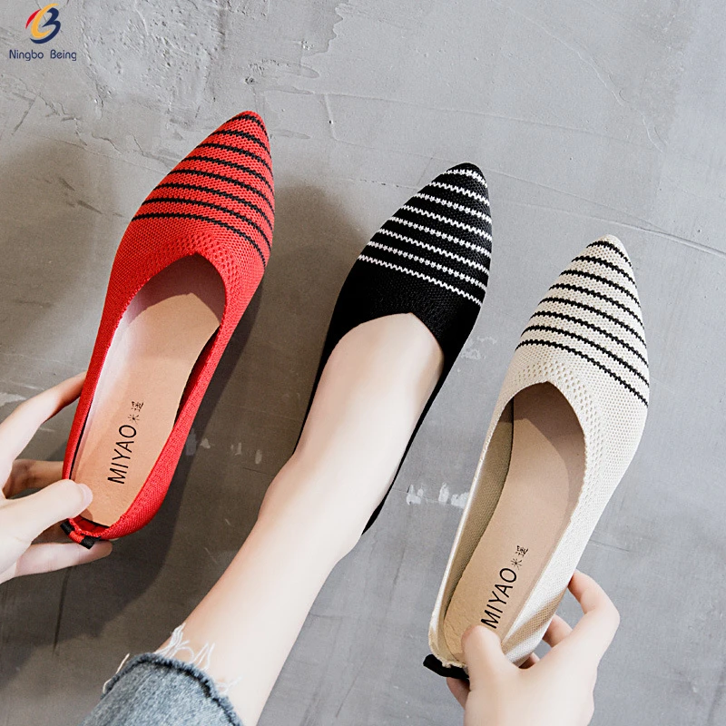 

Good quality pointy toe with stripe printing fly knit shoes ballerina shoes lady shoes flat