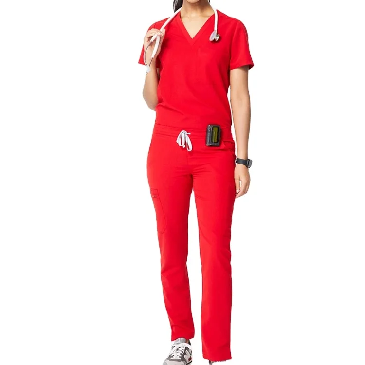 

Womens Four Way Stretch Scrub Set hospital uniform V-Neck Stretch Multi-Pocket Peace Scrub Top and Pant, Customized