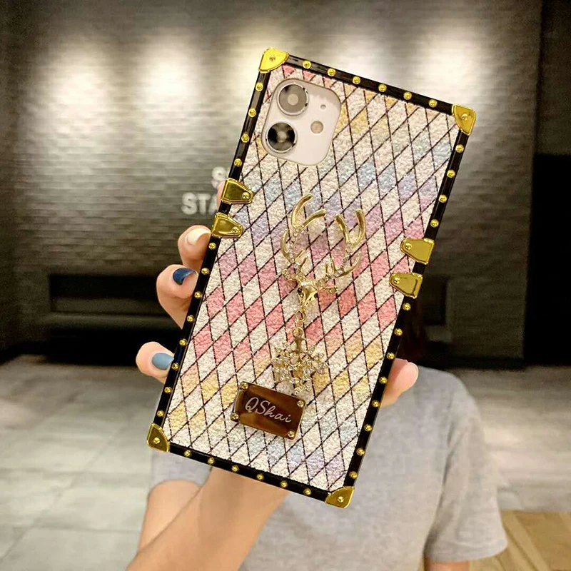 

Luxury Square Glitter Geometric Phone Case for Huawei P40 P30 P20 lite Honor 20 8X 9X Y6 Y7 Y9 2019 Nova 3i Christmas Deer Cover