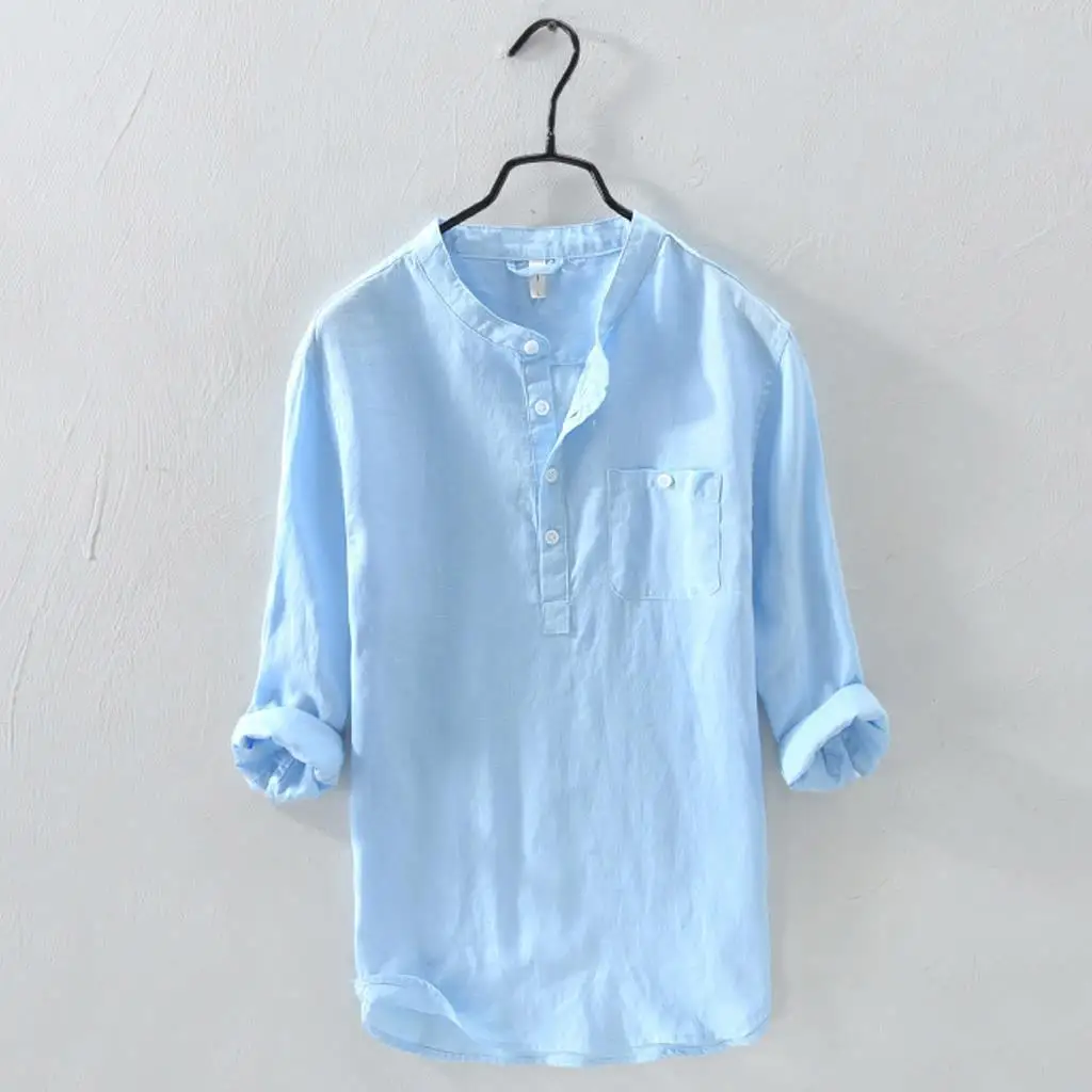 

Men's Pullover Shirt Cotton Linen Leisure Long Sleeve Solid Color Small Standing Collar Slim Shirt Standing Collar Men's Shirt