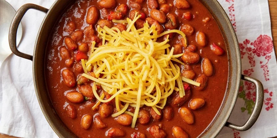 Crock pot with red chili simmering inside
