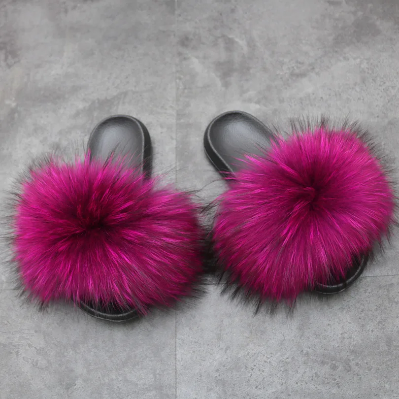 

Wholesale EVA Outsole Natural Color Fur Slides Racoon Fur Slippers Women