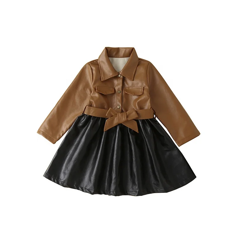 

2021 Fashion Autumn Girls Dresses 2 Colors Patchwork PU Leather Long Sleeve Turn Down Collar Bowknot A Line Kids Designer Dress