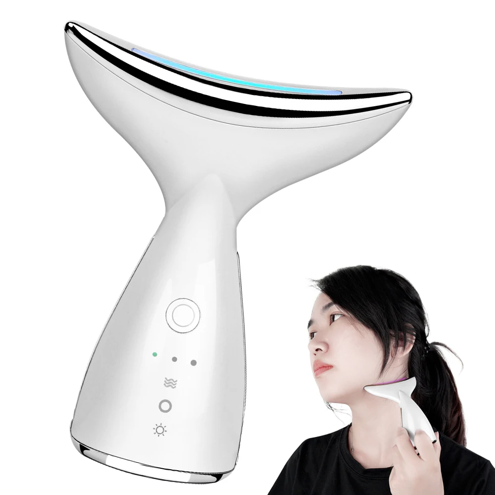 

45 Degree Heat 3 Color Light Therapy EMS Massage High Frequency Vibration Neck Lift Face Massager, Black, white